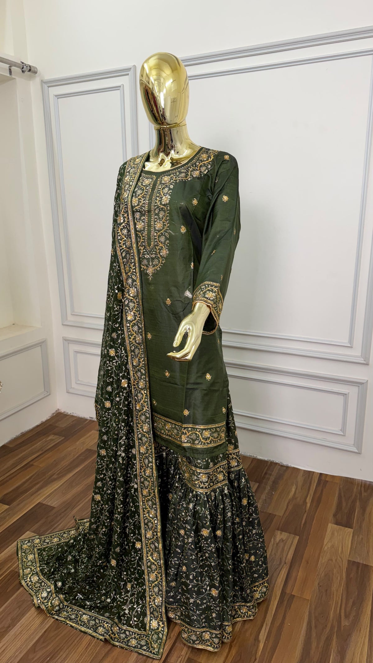 DEEP MEHENDI KUNDAN WORK SILK GHARARA