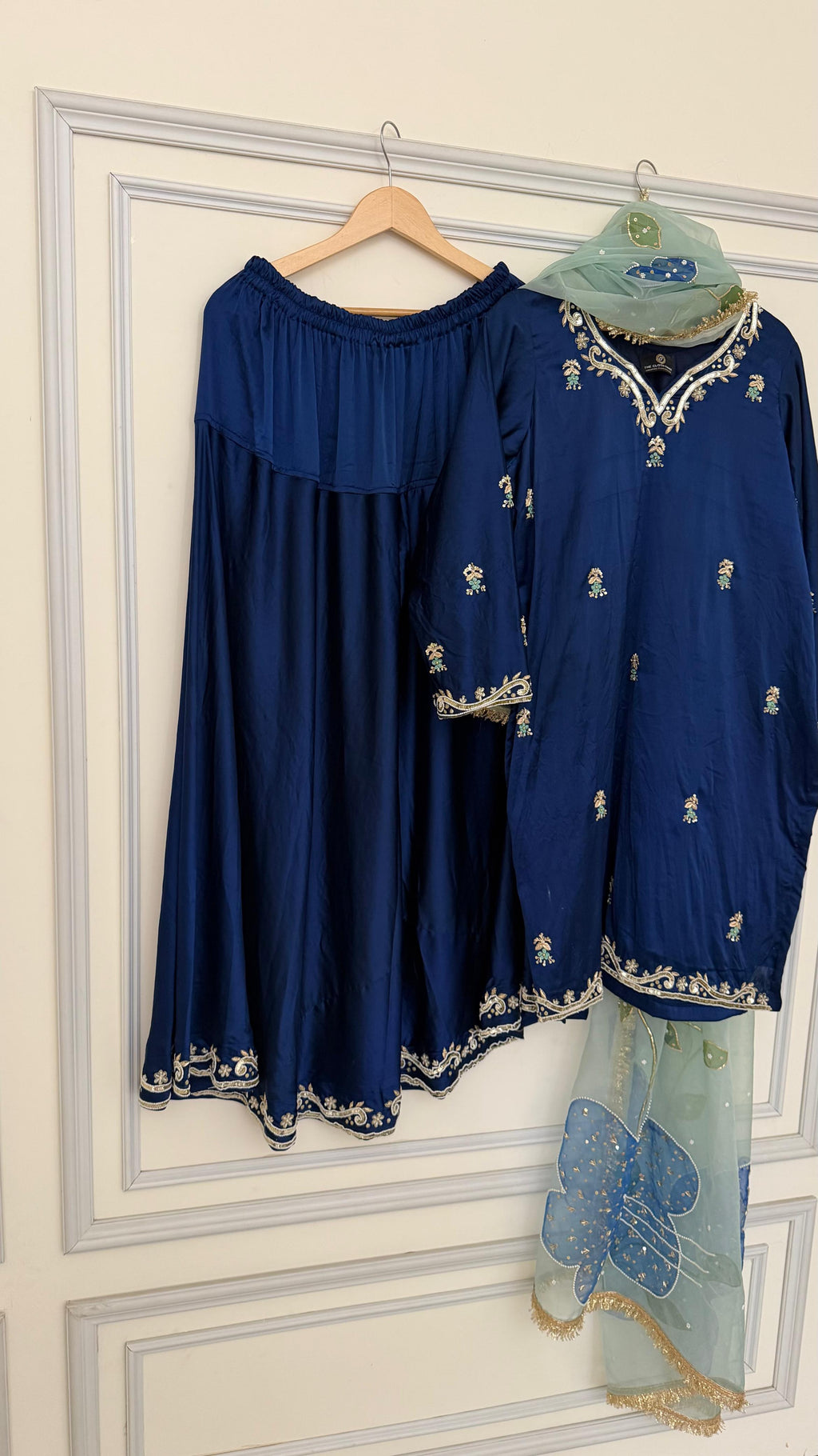 Neavy blue zardozi sharara with floral dupatta