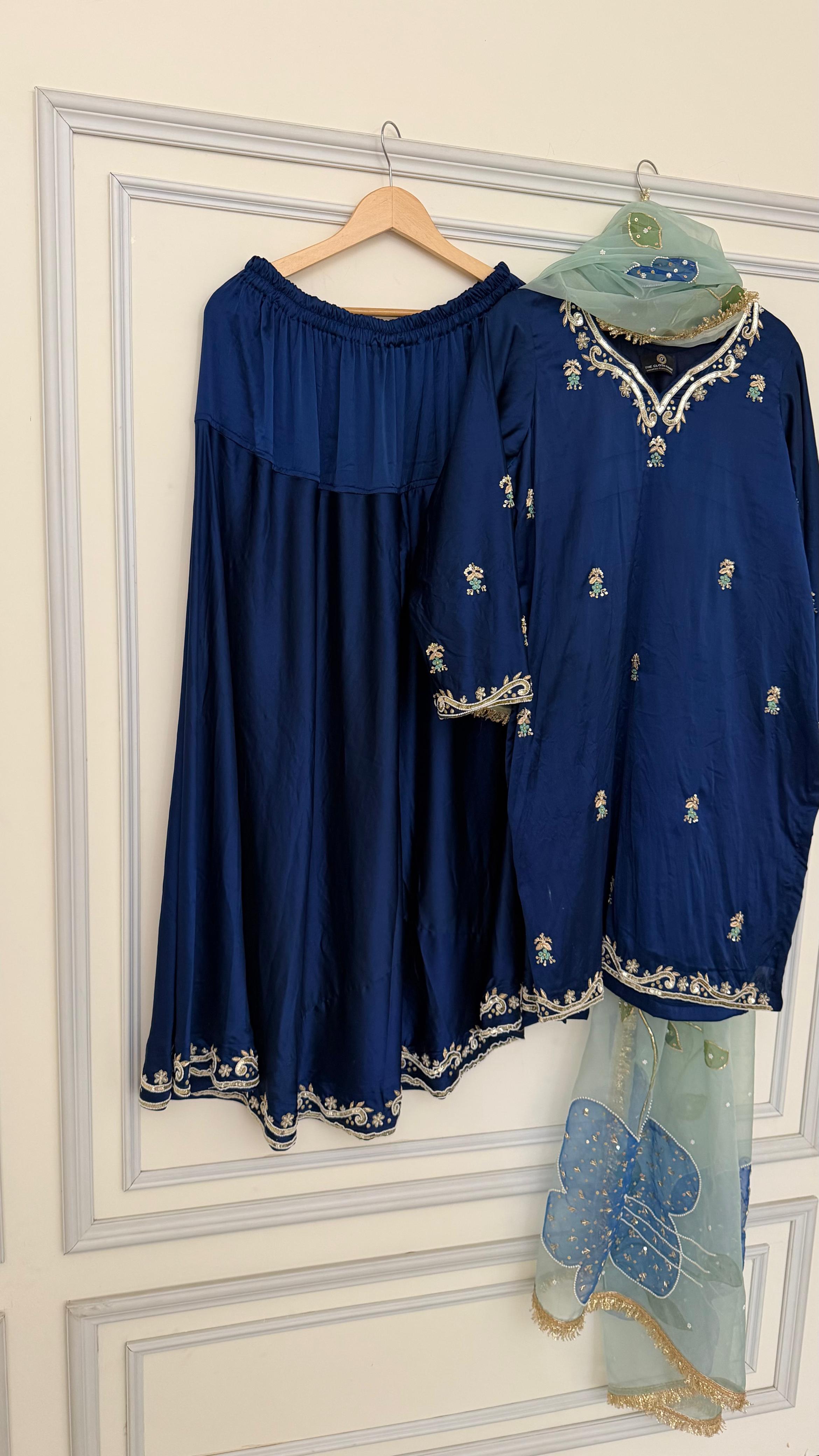 Neavy blue zardozi sharara with floral dupatta