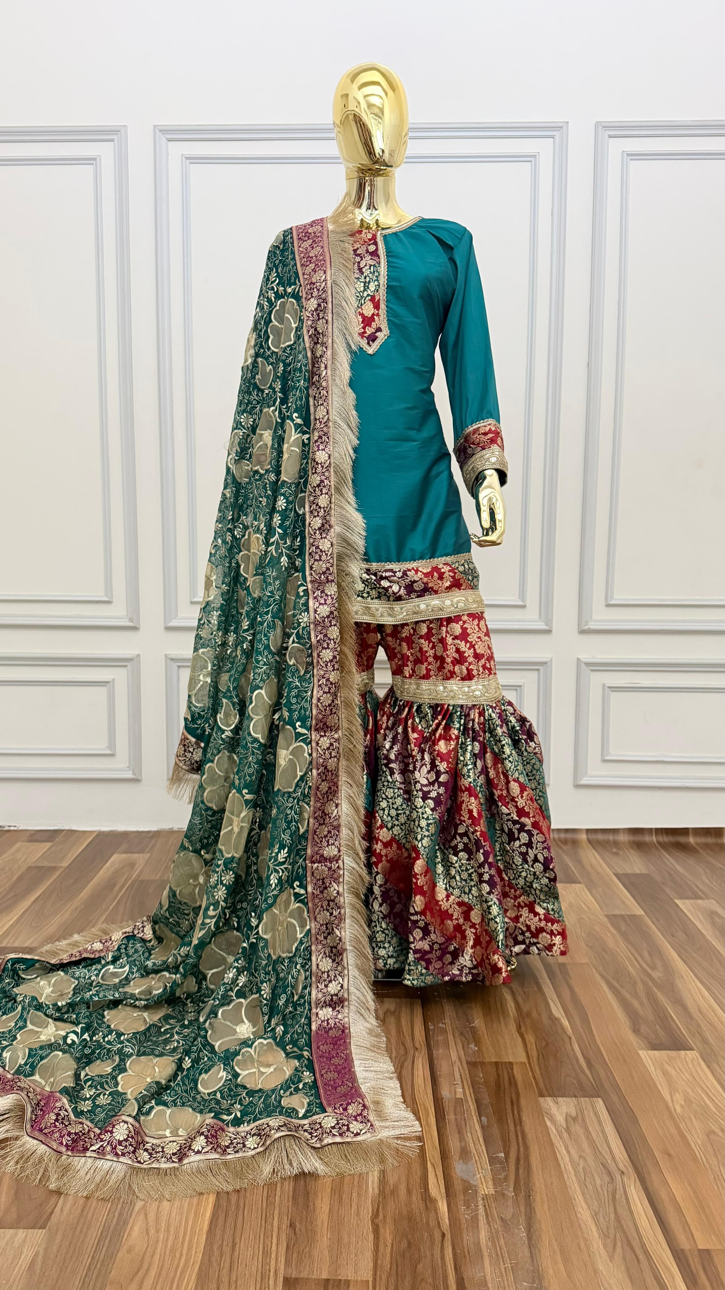 MOTHER DAUGHTER COMBO MULTI STRIPE KIMKHAB GHARARA