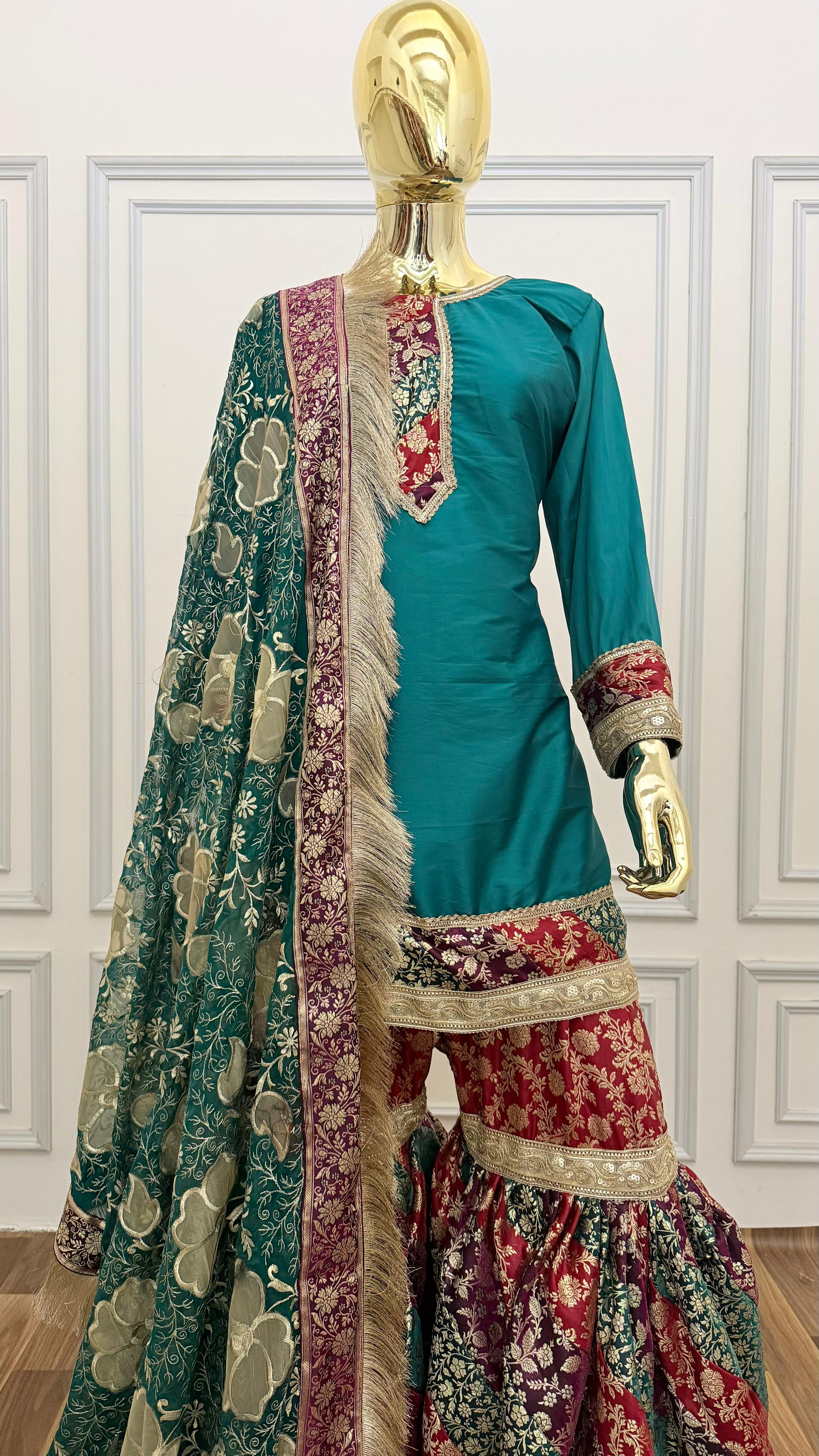MOTHER DAUGHTER COMBO MULTI STRIPE KIMKHAB GHARARA