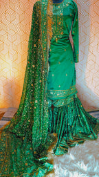 parrot Green Embroidered Gharara with Viscose silk base