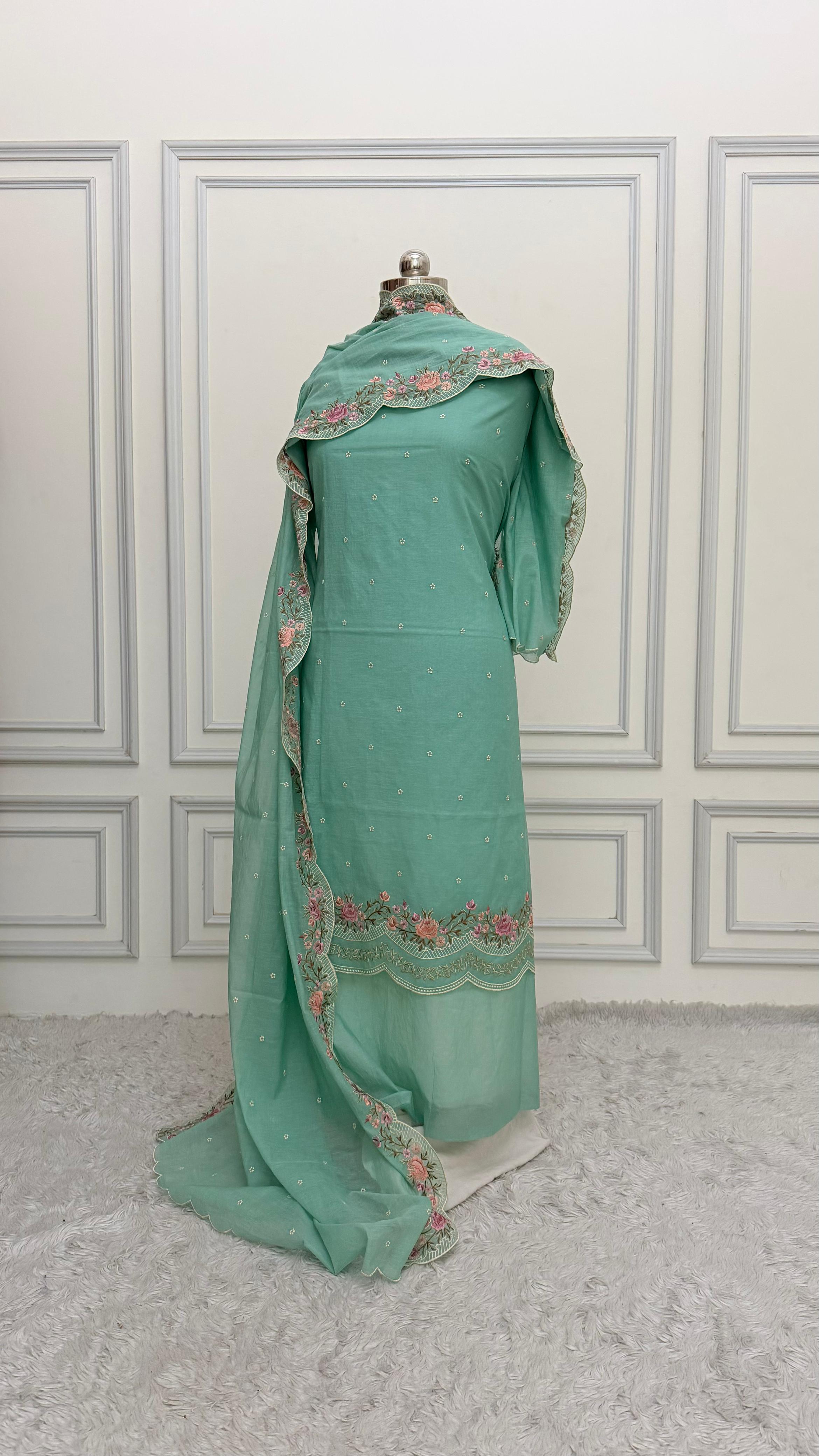 FLORAL MINT GREEN COTTON MUL 3 PIECE SUIT