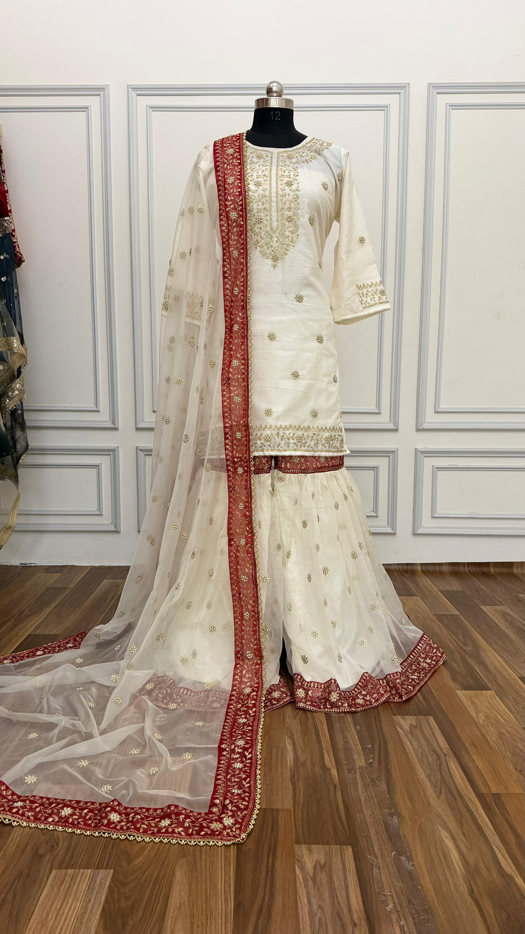 OFF-WHITE MAROON MEENA MOTIF ORGANZA GHARARA