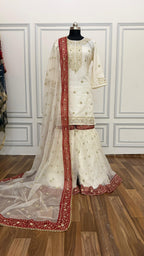 OFF-WHITE MAROON MEENA MOTIF ORGANZA GHARARA