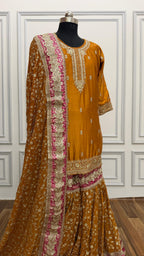 MUSTARD WITH RANI BOARDER GEORGETTE GHARARA
