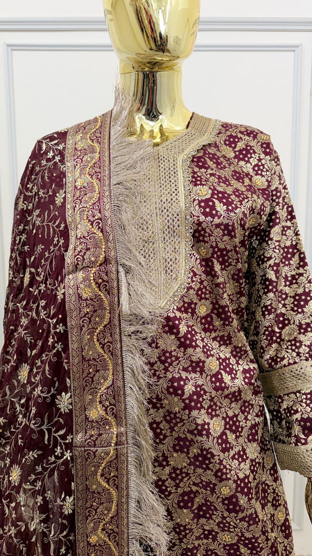 COFFEE COLOR BANARASI KIMKHAB GHARARA WITH STONE WORK
