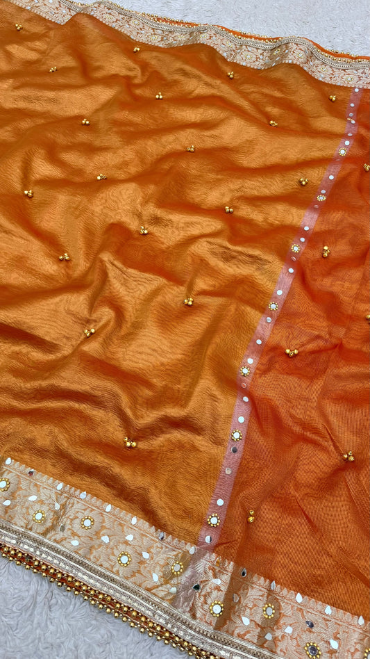 METALLIC ORANGE GHUGROO MIRROR WORK SAREE