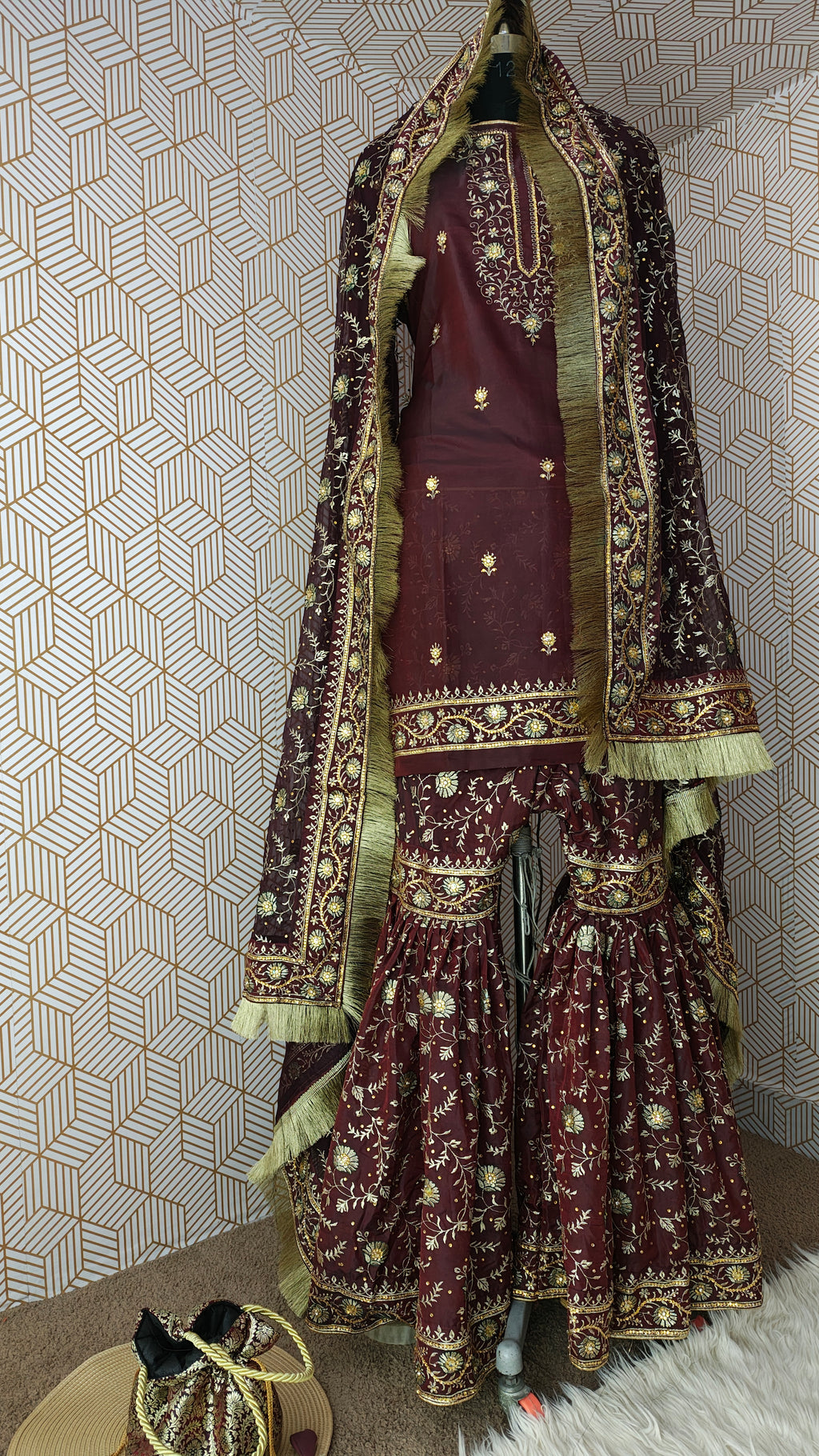 Coffee maroon Embroidered Gharara with Viscose silk base