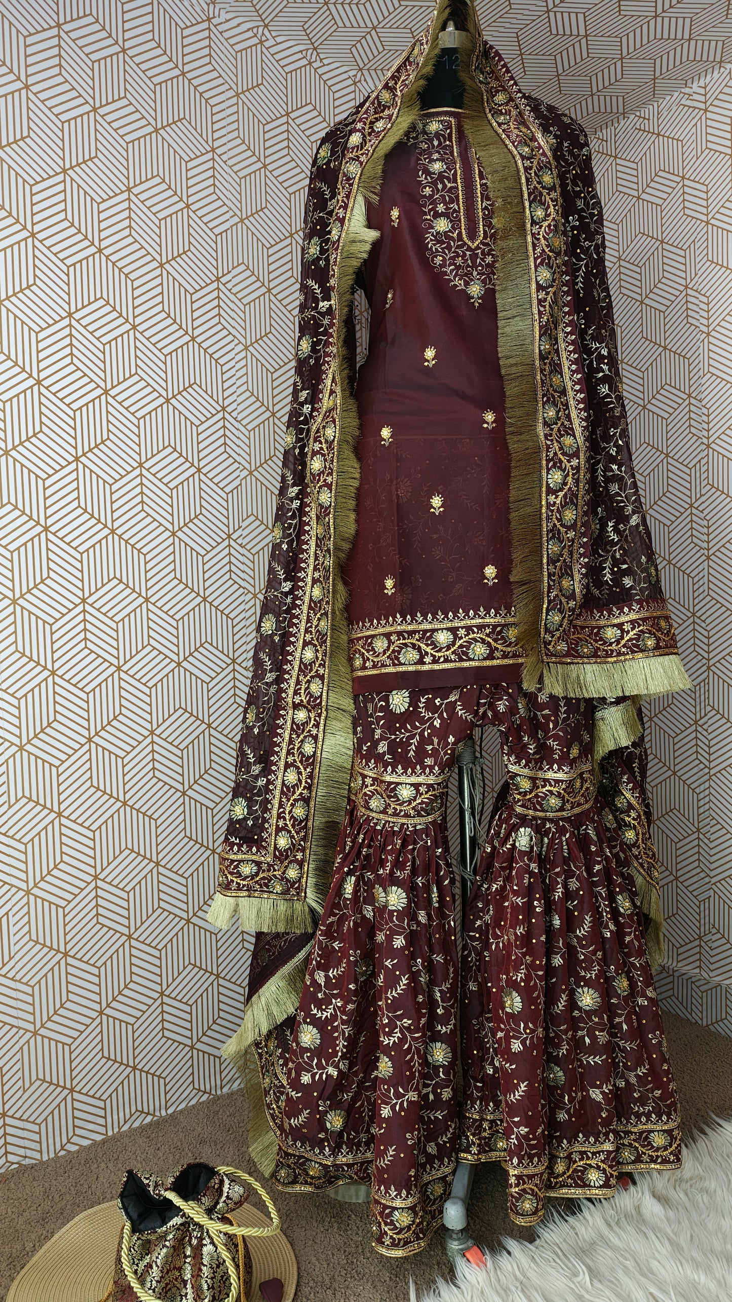 Coffee maroon Embroidered Gharara with Viscose silk base