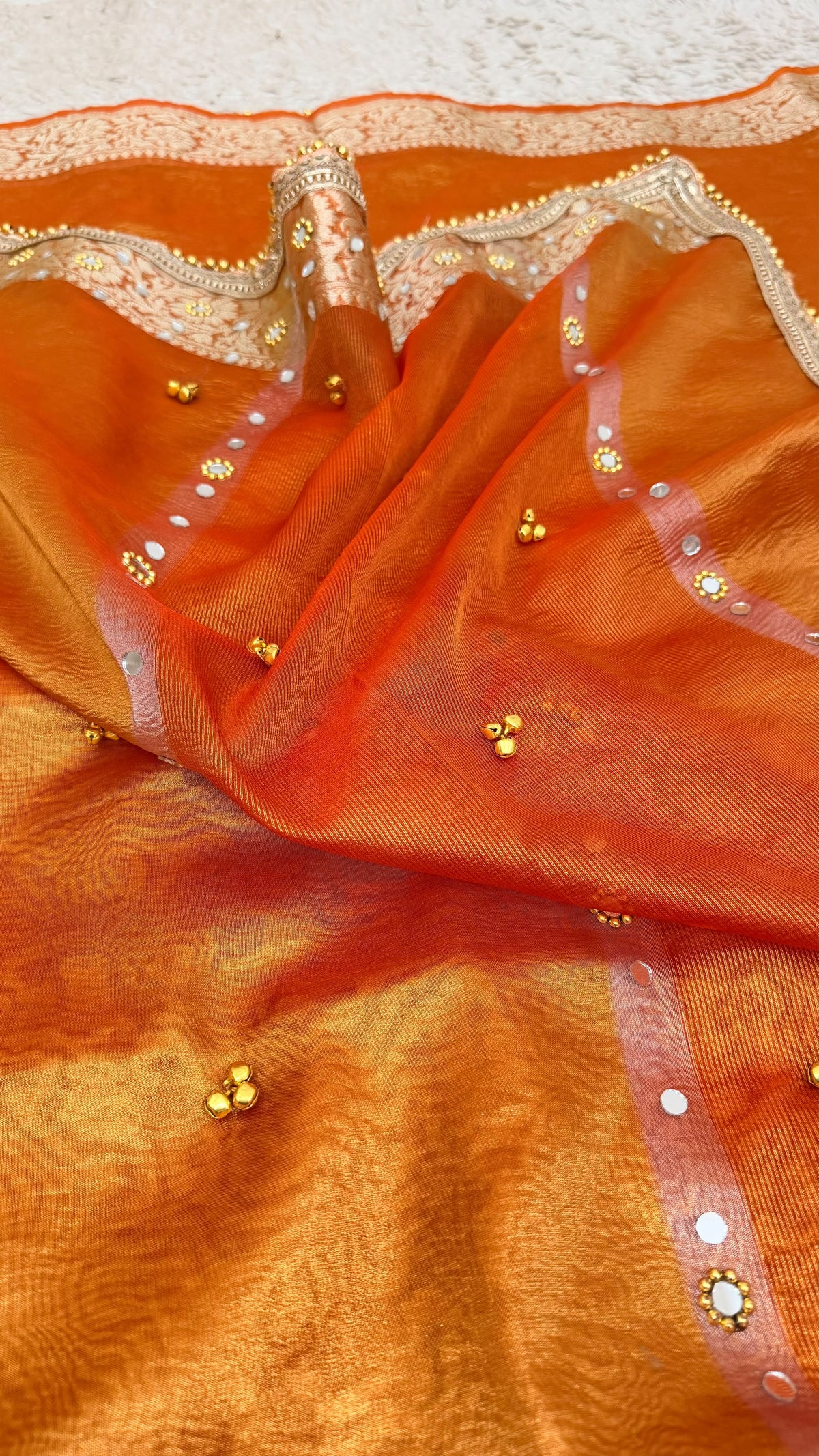 METALLIC ORANGE GHUGROO MIRROR WORK SAREE