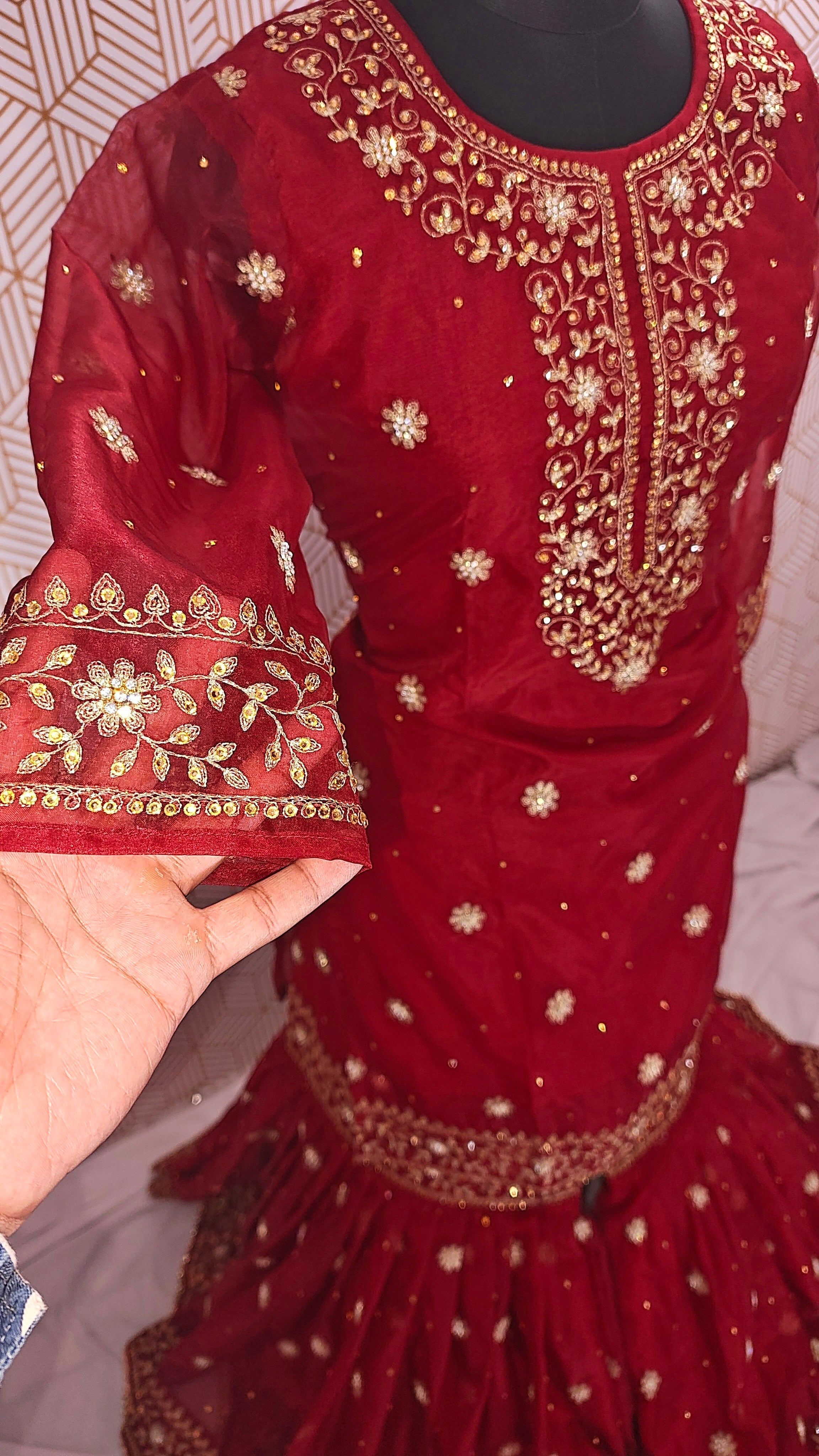 Bridal Maroon booti Pattern Embroidered Gharara