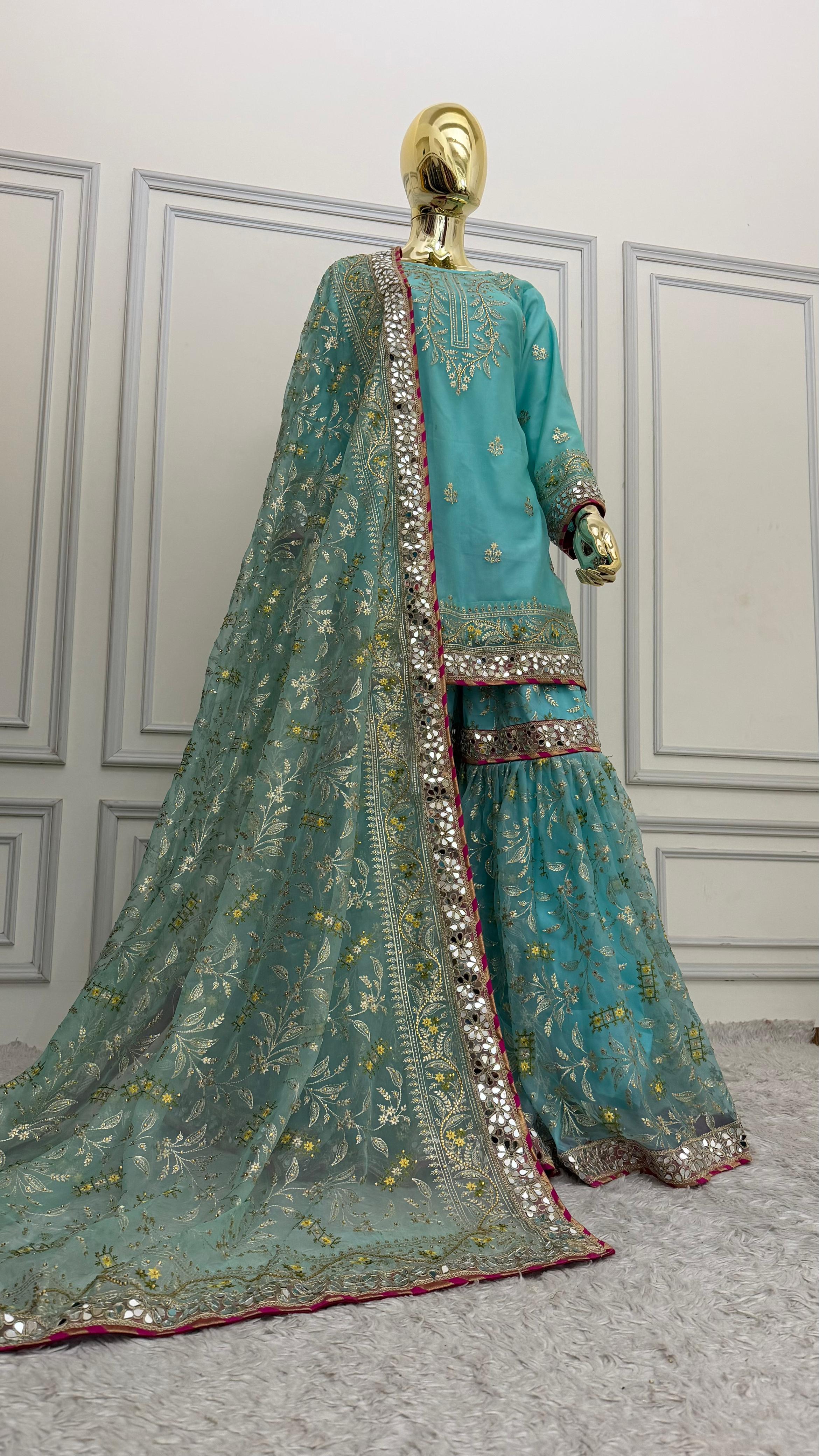 CYAN BLUE SHADE MIRROR WORK  GHARARA
