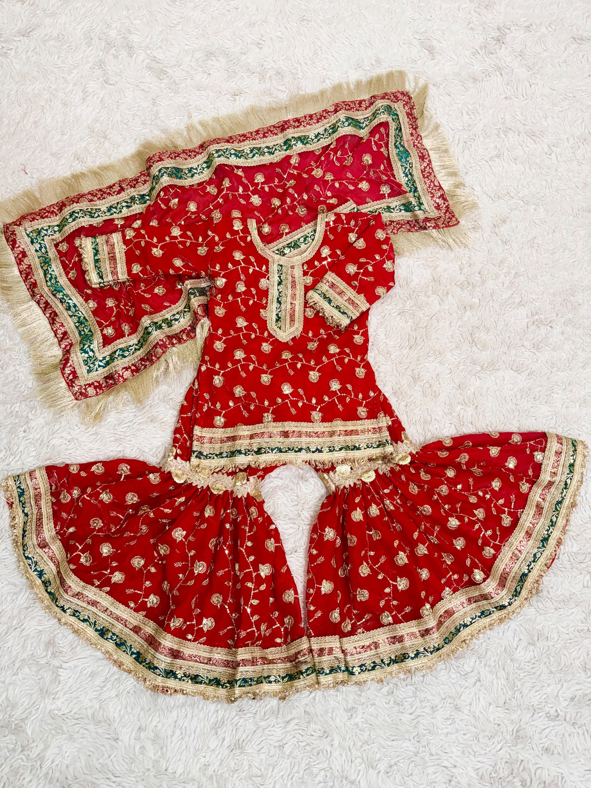 RED KIDS ORGANZA RAMPURI GHARARA