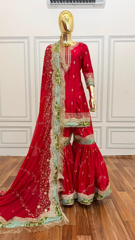 BRIGHT RED RAMPURI STYLE GHARARA