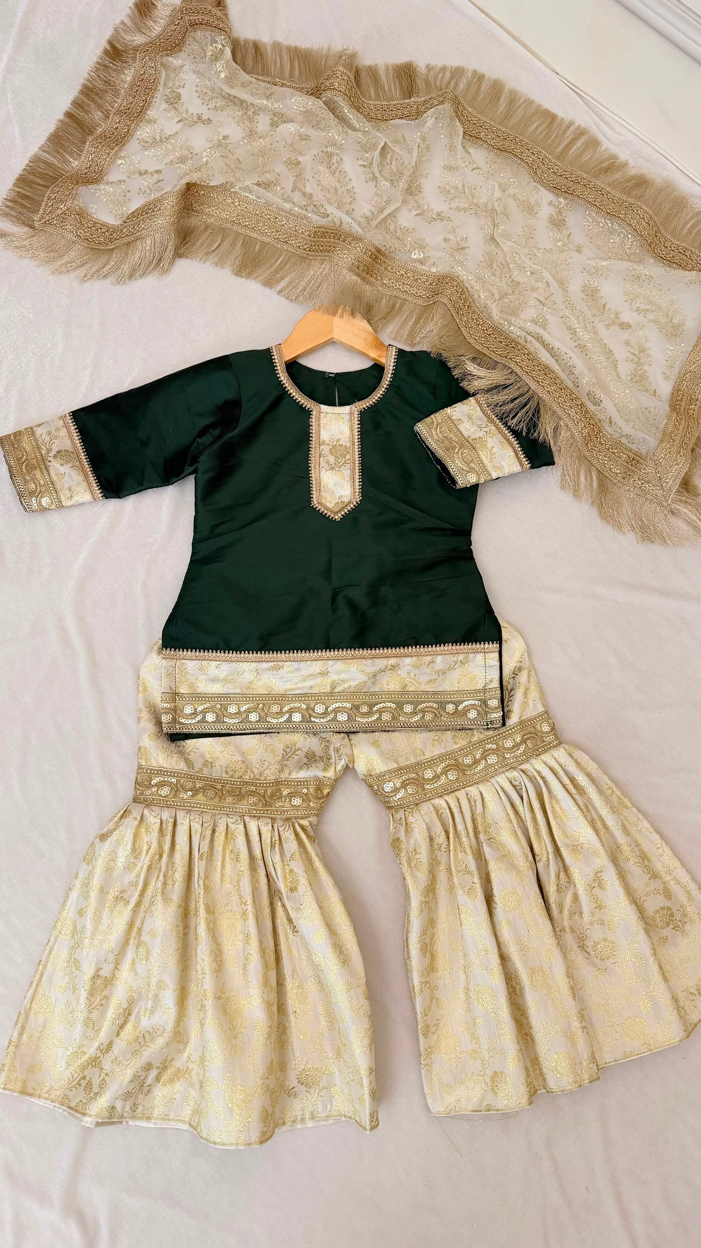 Bottle green kimkhab gharara for little princess