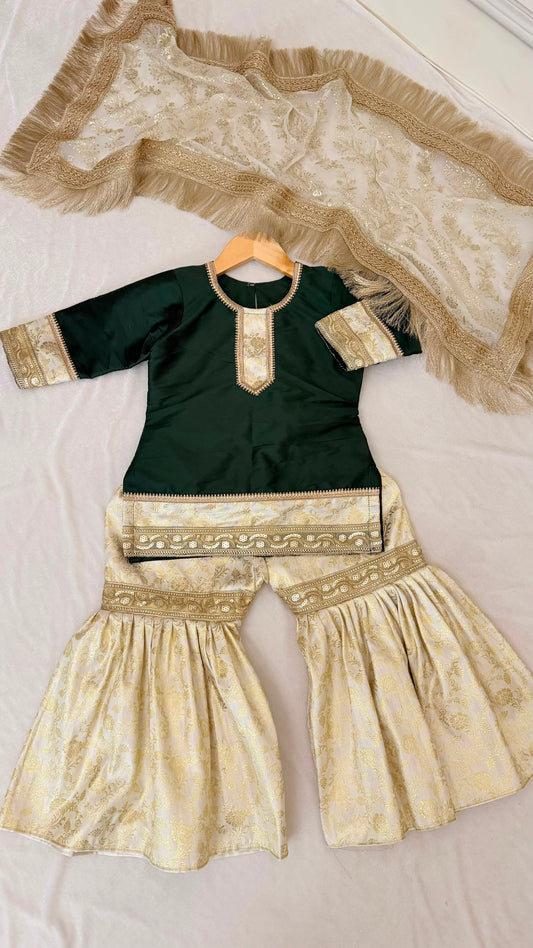 Bottle green kimkhab gharara for little princess