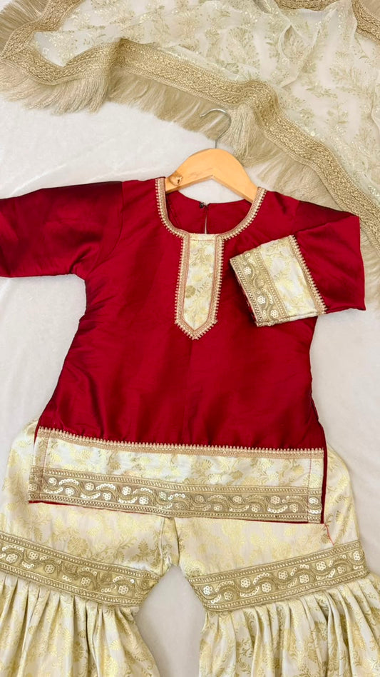 maroon kimkhab gharara for little princess