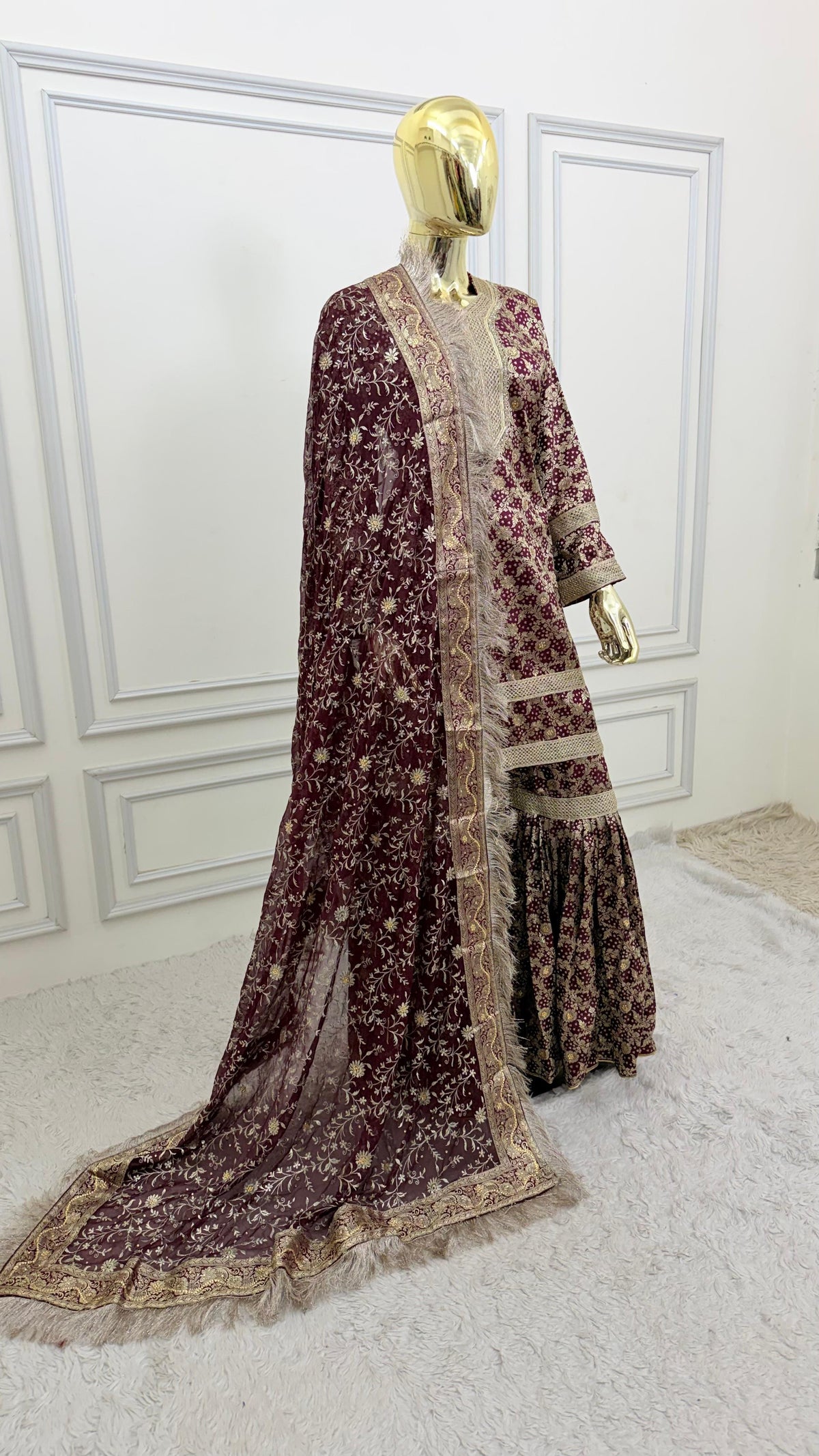 COFFEE COLOR BANARASI KIMKHAB GHARARA WITH STONE WORK