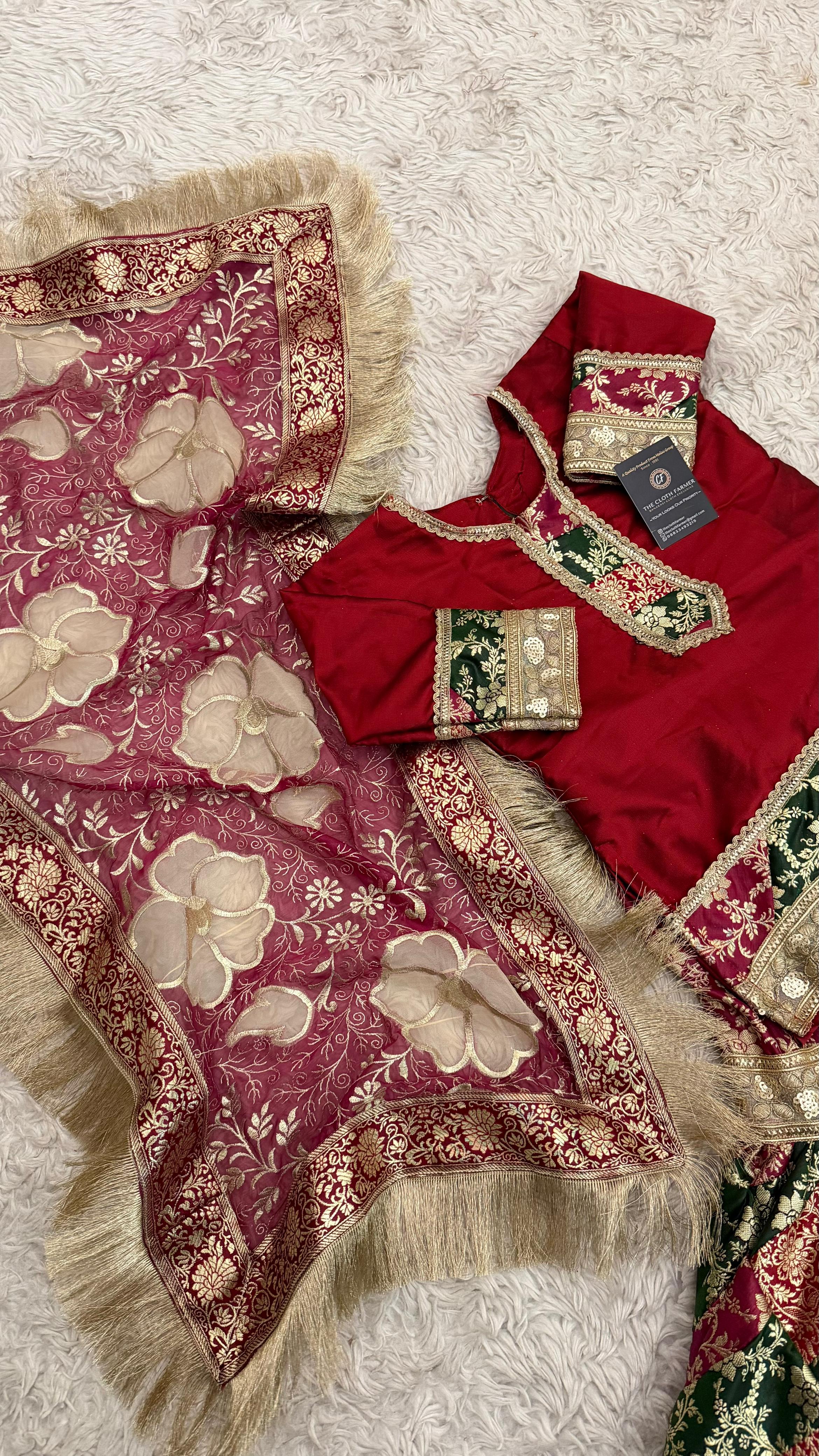 MULTI STRIPE KIMKHAB GHARARA WITH FLOWER DUPATTA