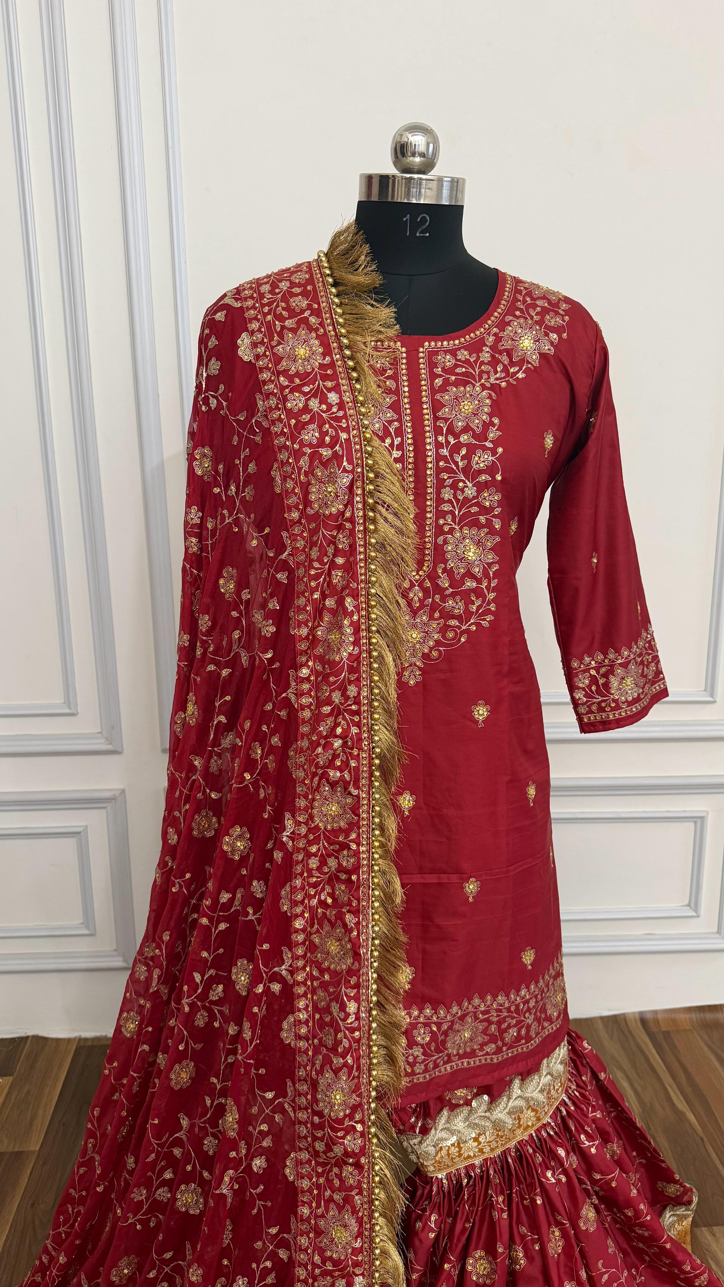 Bridal maroon viscose silk based gharara
