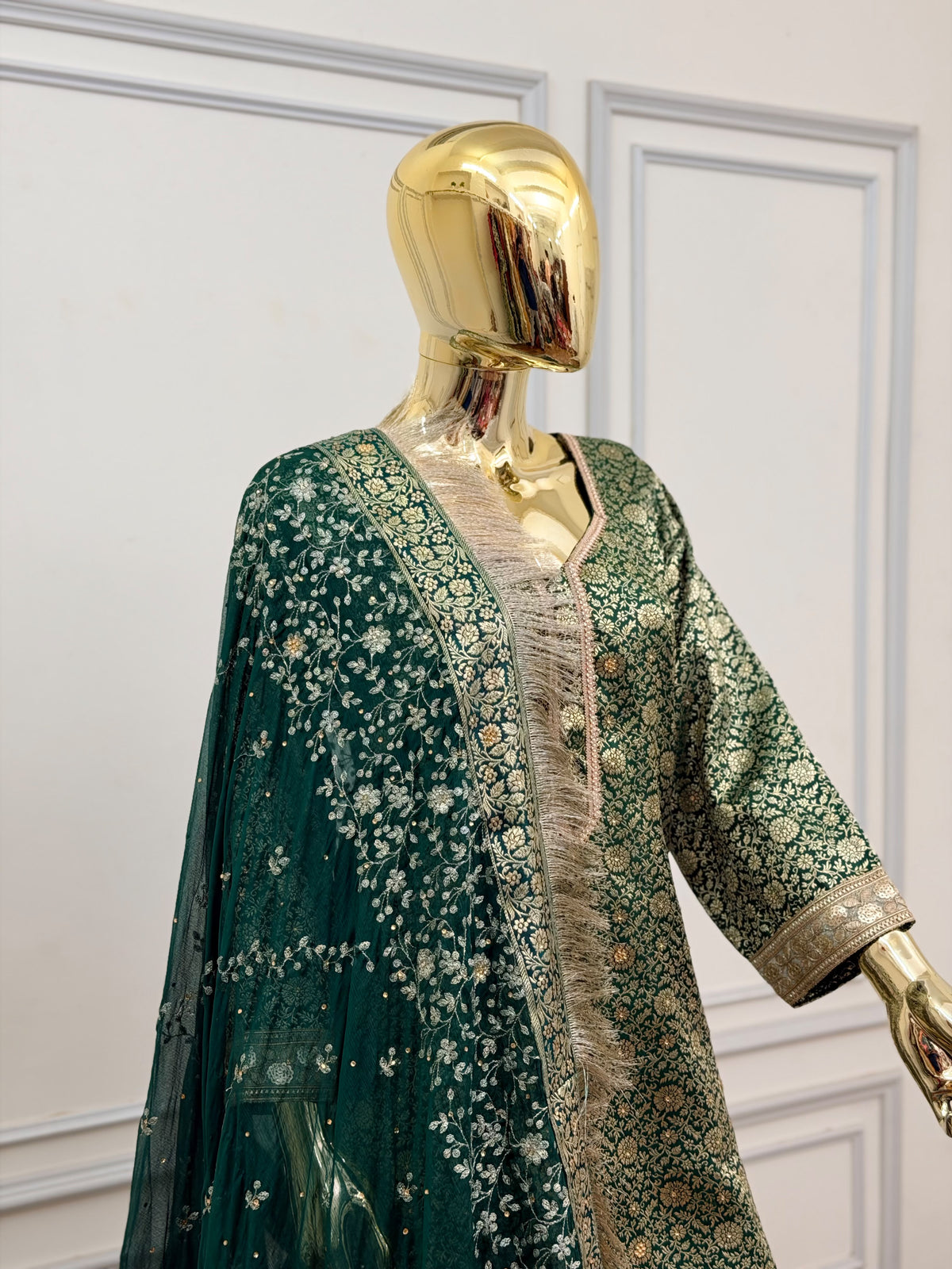 BOTTLE GREEN TOP GHARARA WITH STONE WORK
