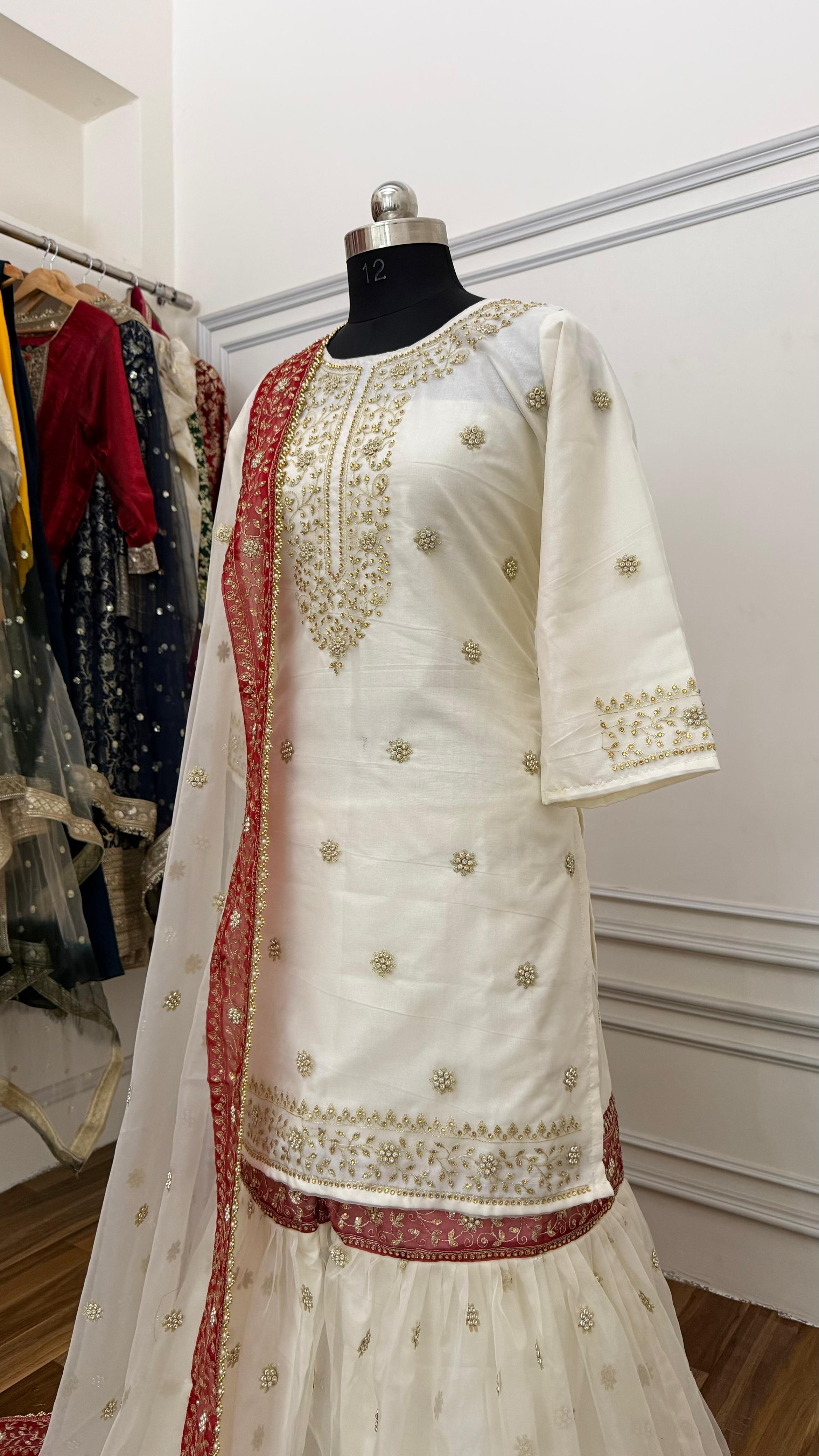 OFF-WHITE MAROON MEENA MOTIF ORGANZA GHARARA