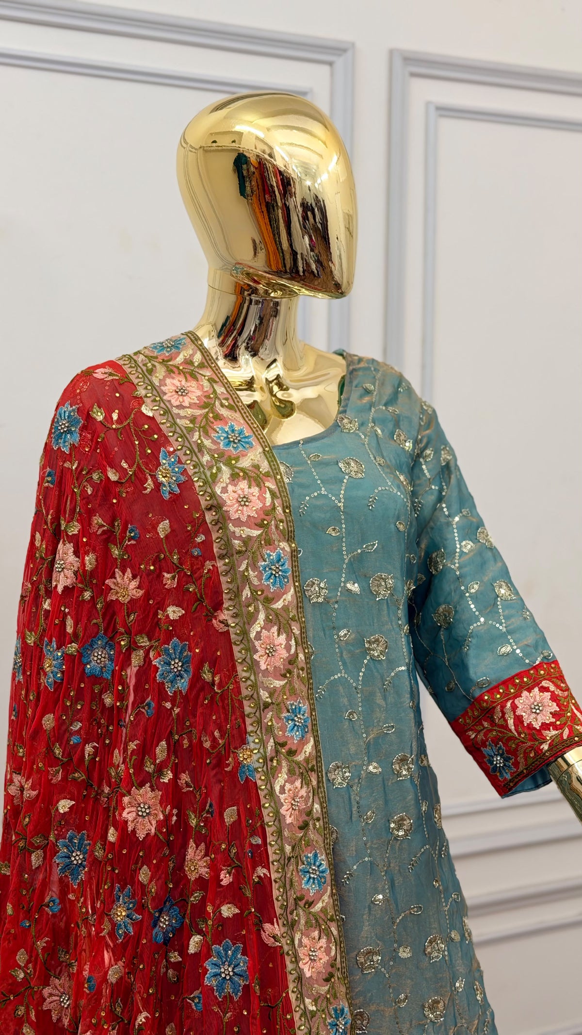 SKY MAROON RESHAM EMBROIDERY GHARARA