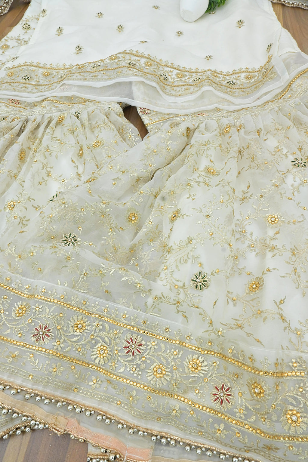 Off white handwork meenakari embroiderded gharara