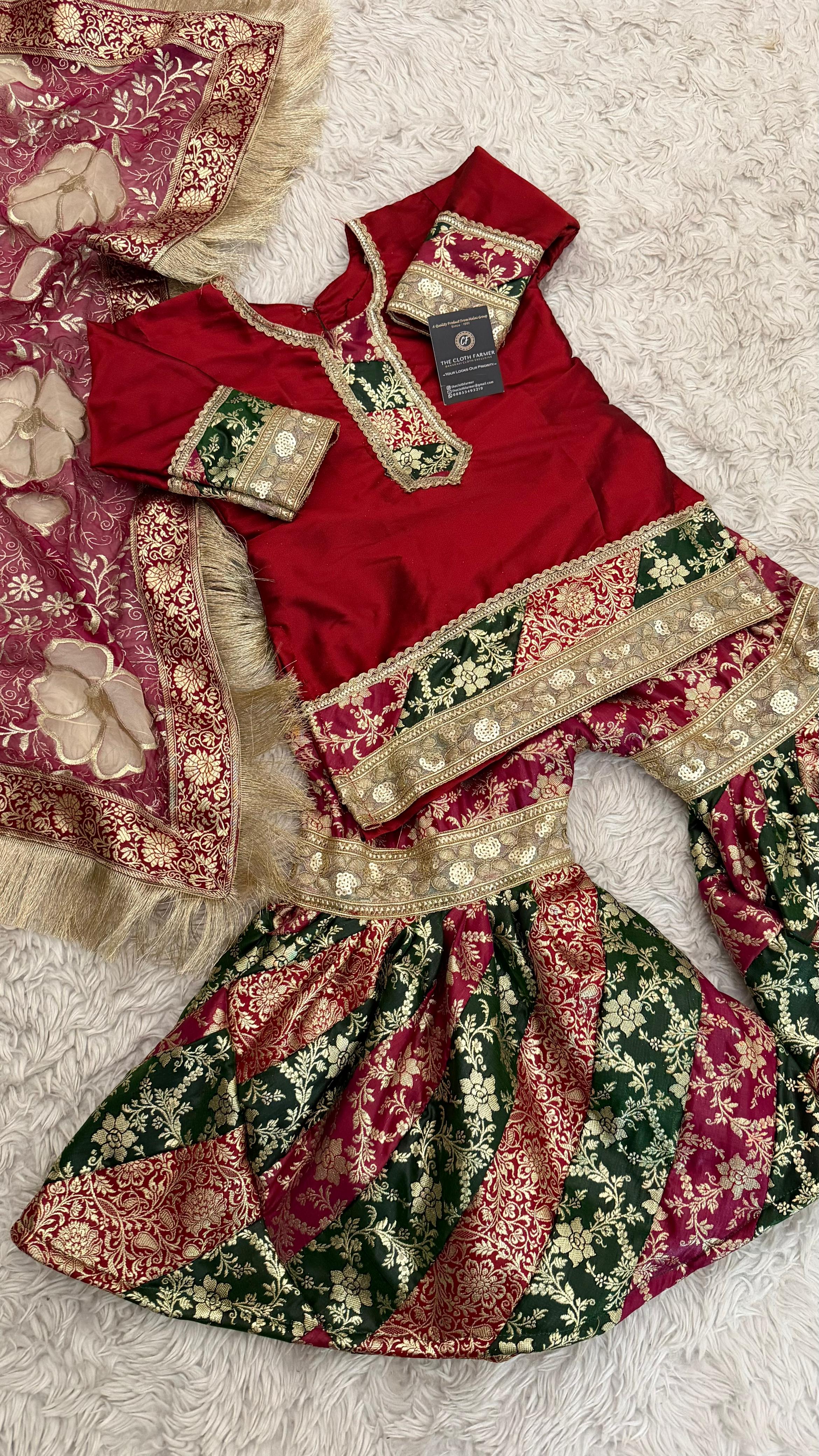 MULTI STRIPE KIMKHAB GHARARA WITH FLOWER DUPATTA