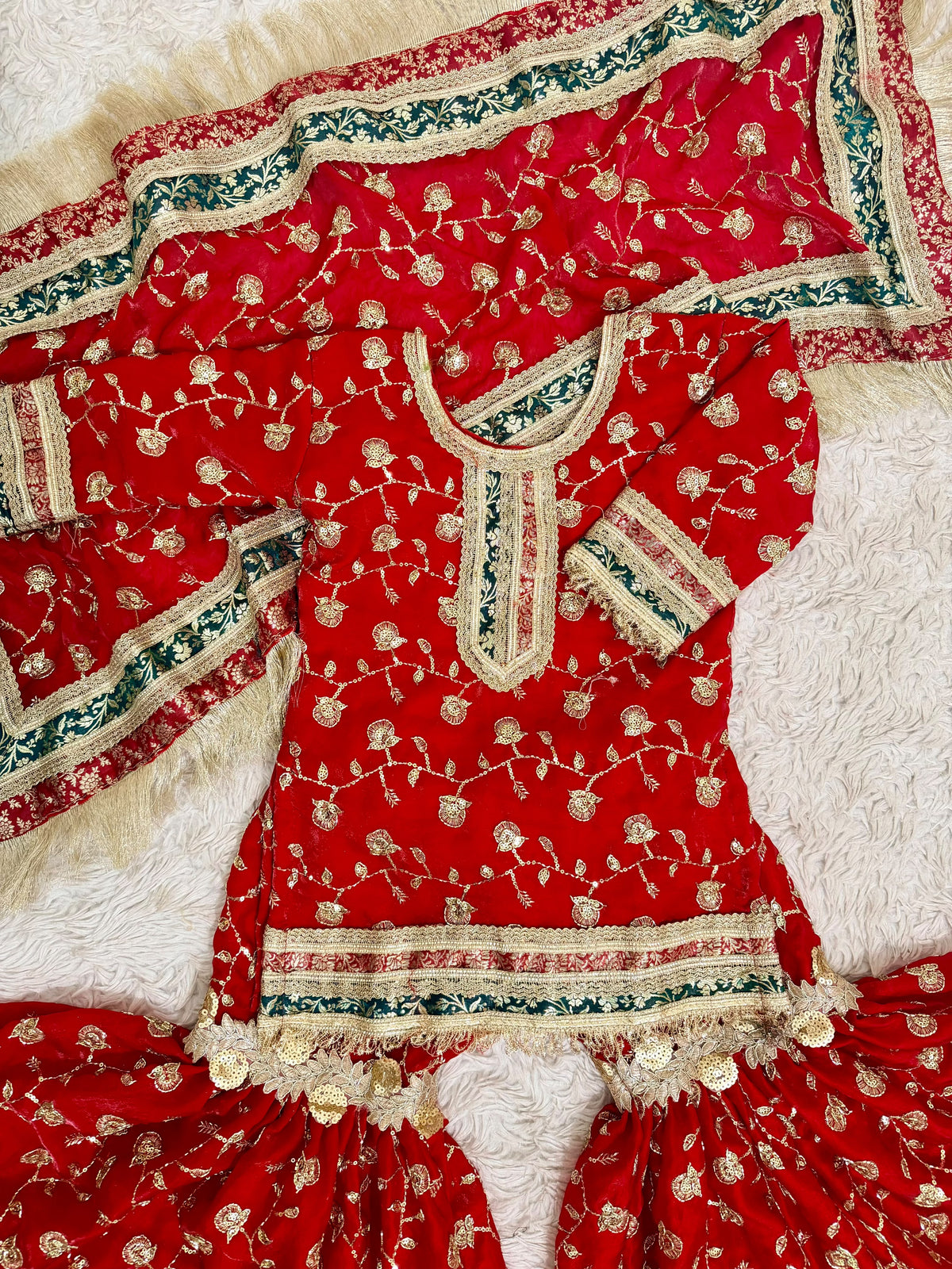 RED KIDS ORGANZA RAMPURI GHARARA