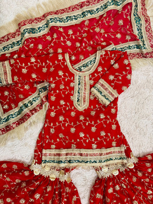 RED KIDS ORGANZA RAMPURI GHARARA