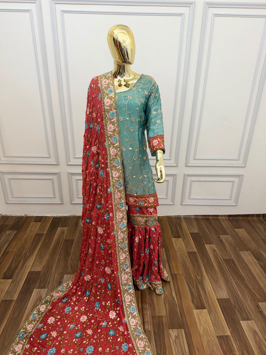 SKY MAROON RESHAM EMBROIDERY GHARARA