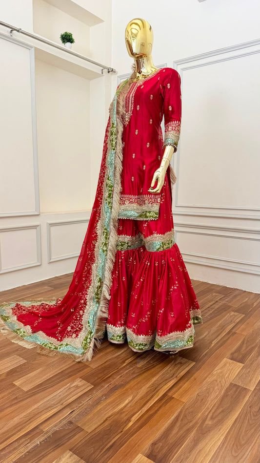 BRIGHT RED RAMPURI STYLE GHARARA