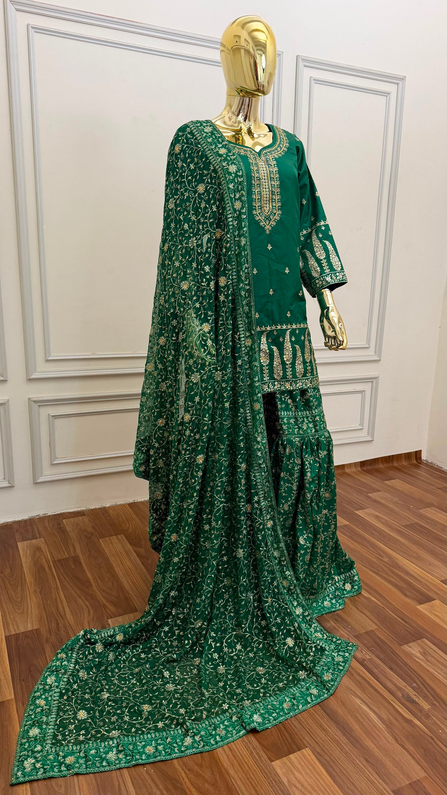 EMERALD GREEN COLOR EMBROIDED GHARARA