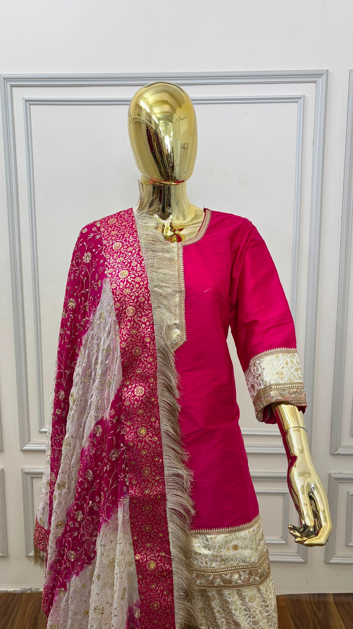 RANI PINK OFF WHITE RED BANARASI KIMKHAB GHARARA WITH STONE WORK