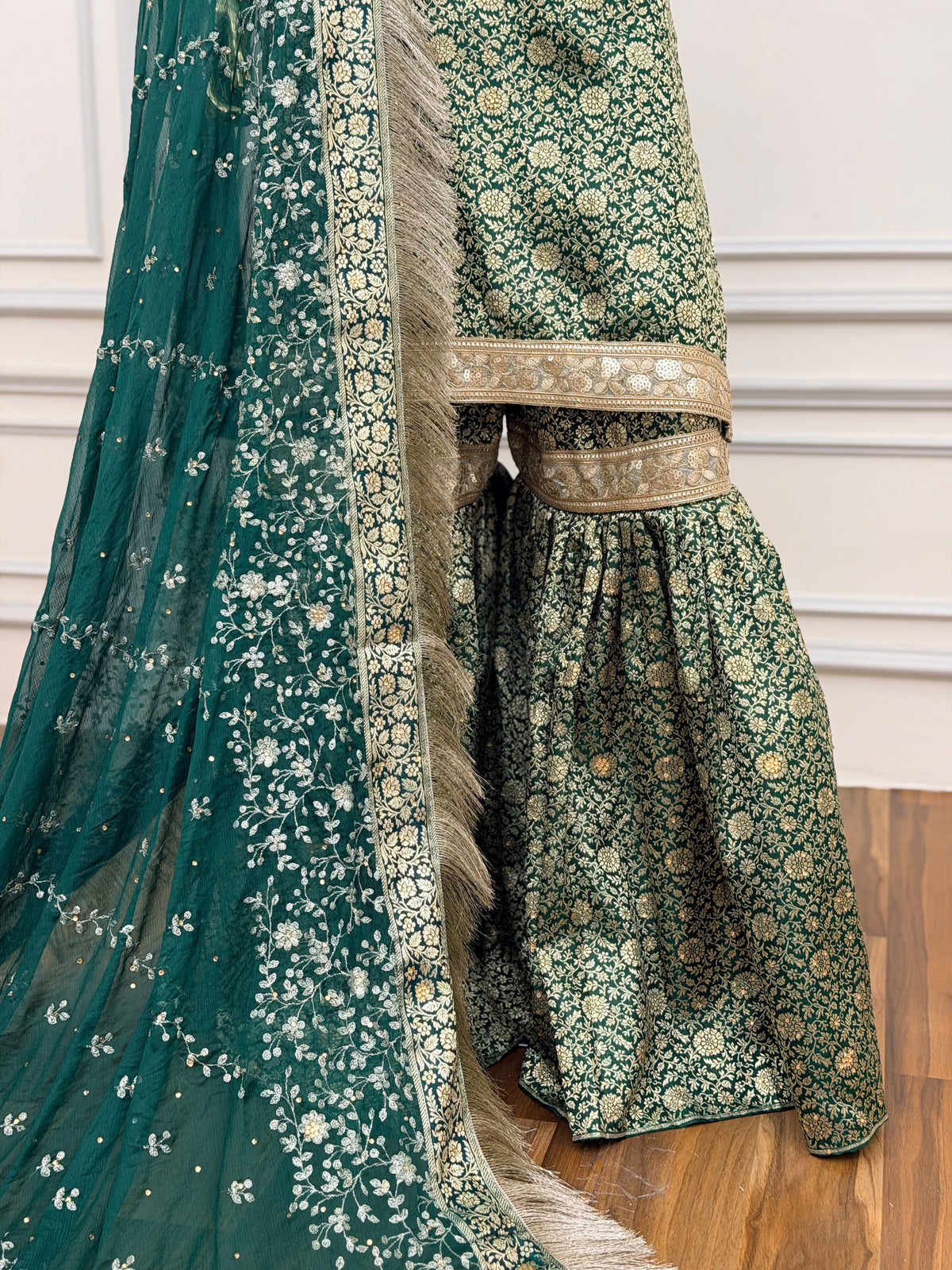 BOTTLE GREEN TOP GHARARA WITH STONE WORK