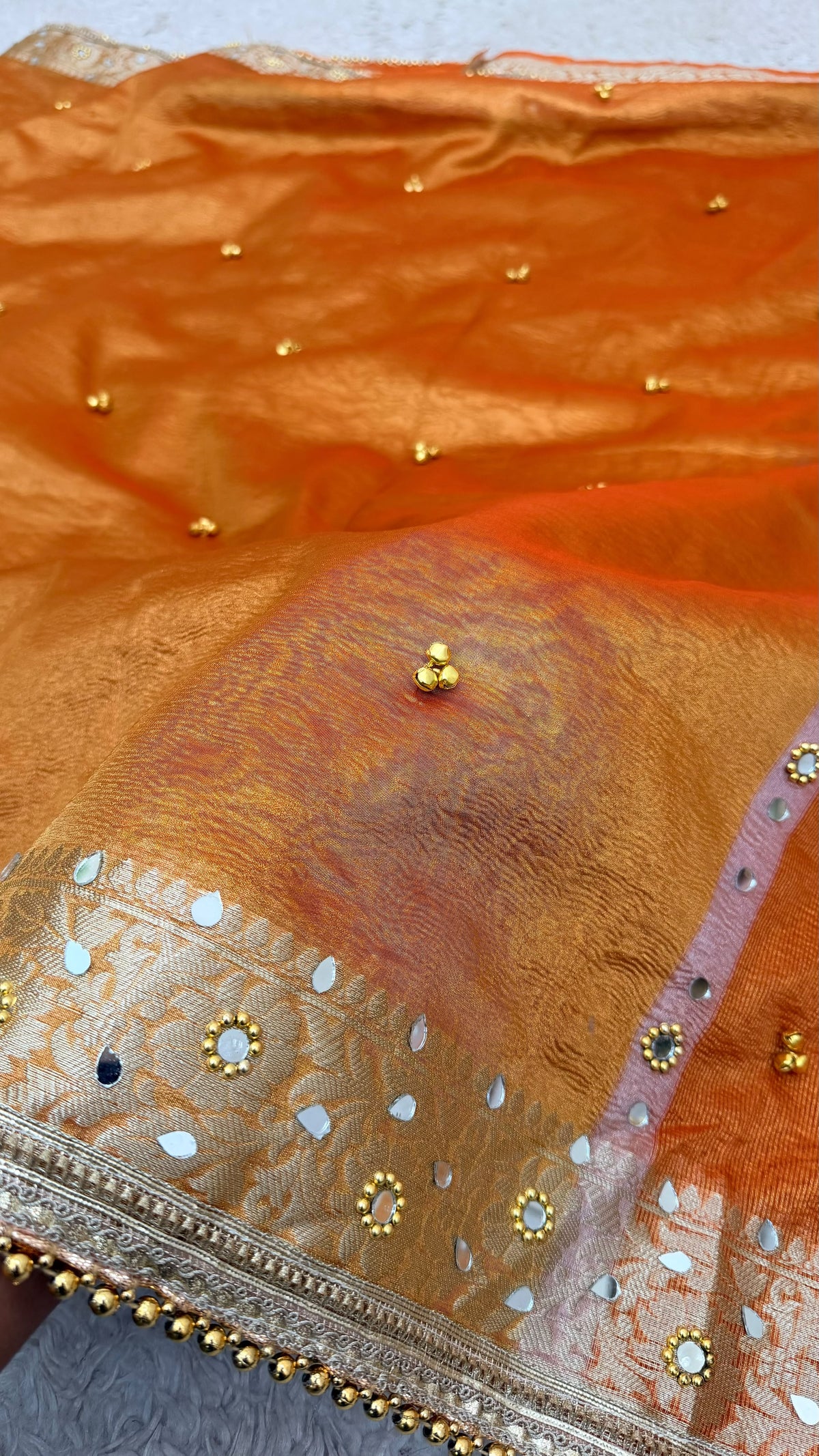 METALLIC ORANGE GHUGROO MIRROR WORK SAREE