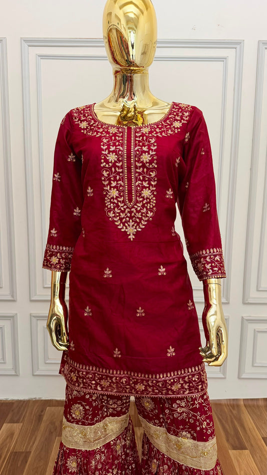 MAROON CHIFFON SILK GHARARA