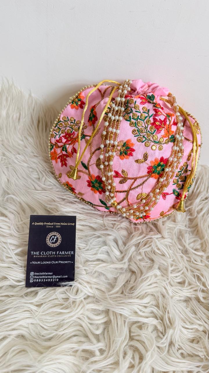 BABY PINK COLOR EMBROIDED BANARASI POTLI