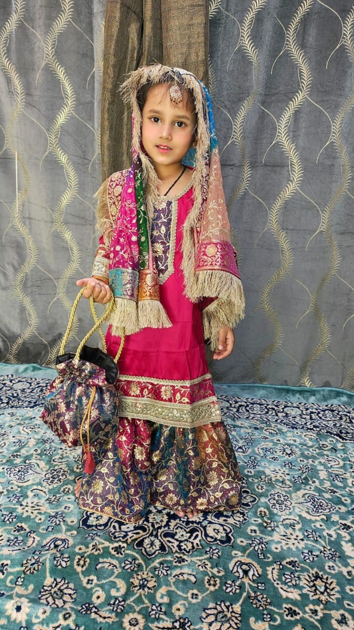 Rainbow kimkhab gharara with raani pink kurti for little princess