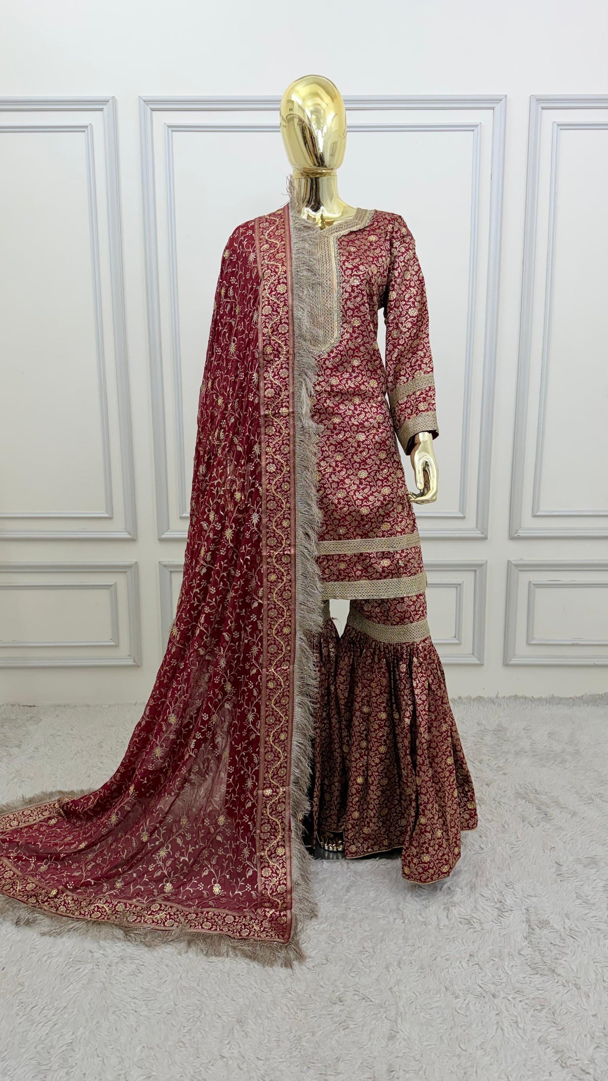 MAROON COLOR BANARASI KIMKHAB GHARARA WITH STONE WORK