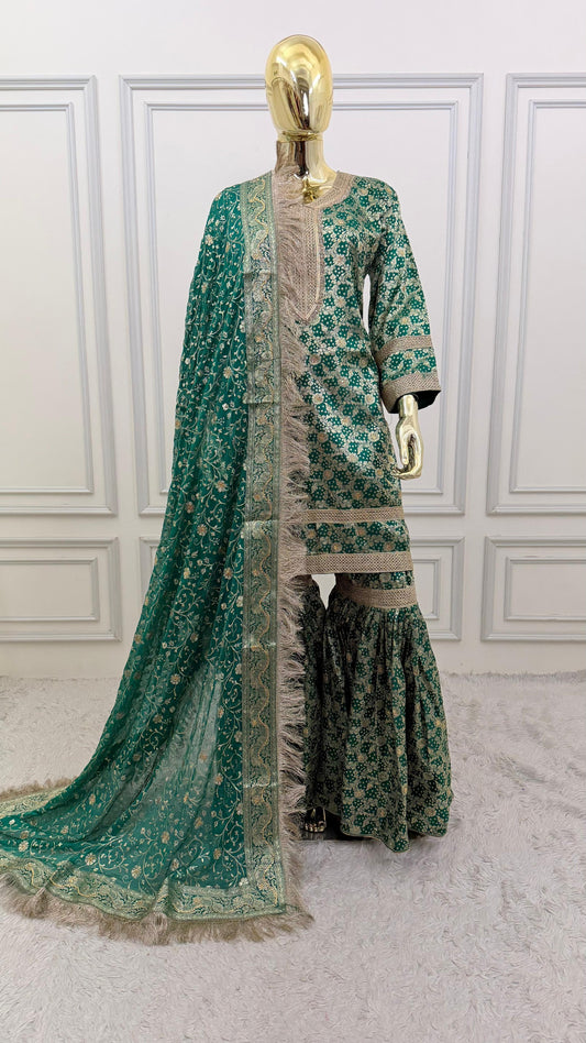 GREEN COLOR BANARASI KIMKHAB GHARARA WITH STONE WORK