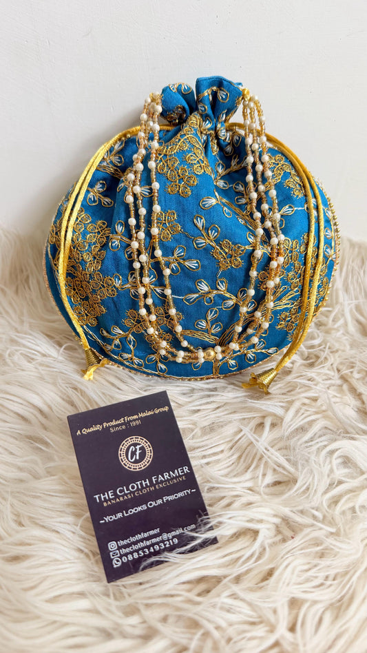 BLUE COLOR EMBROIDED BANARASI POTLI
