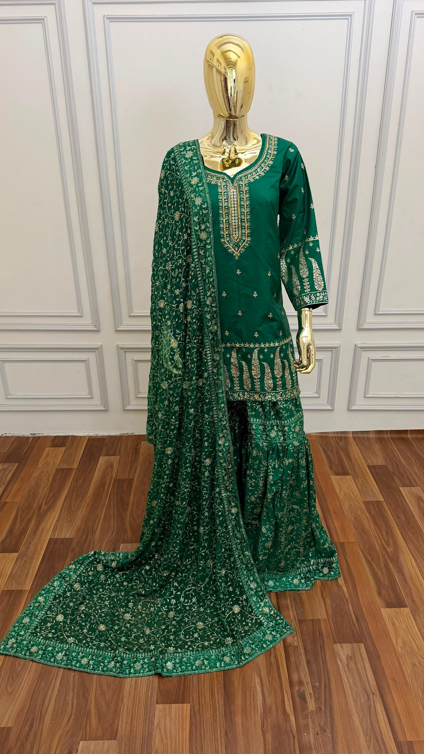 EMERALD GREEN COLOR EMBROIDED GHARARA