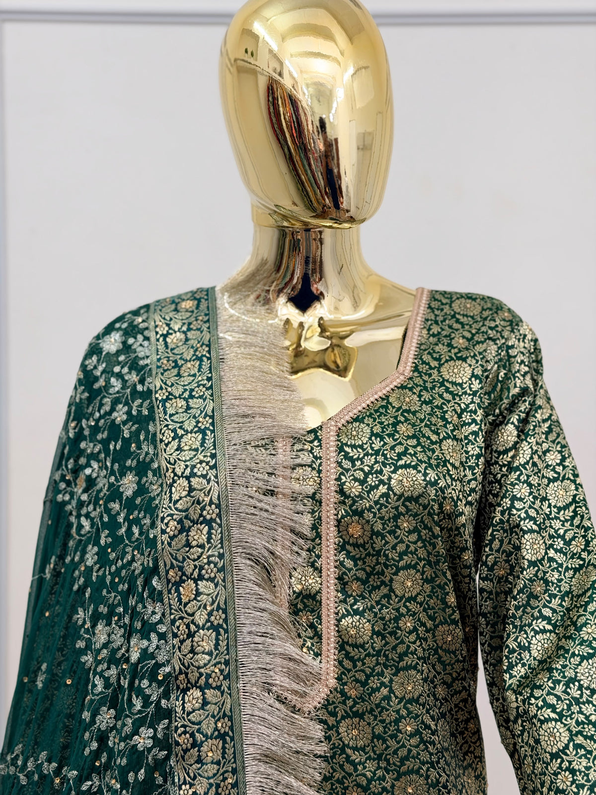 BOTTLE GREEN TOP GHARARA WITH STONE WORK