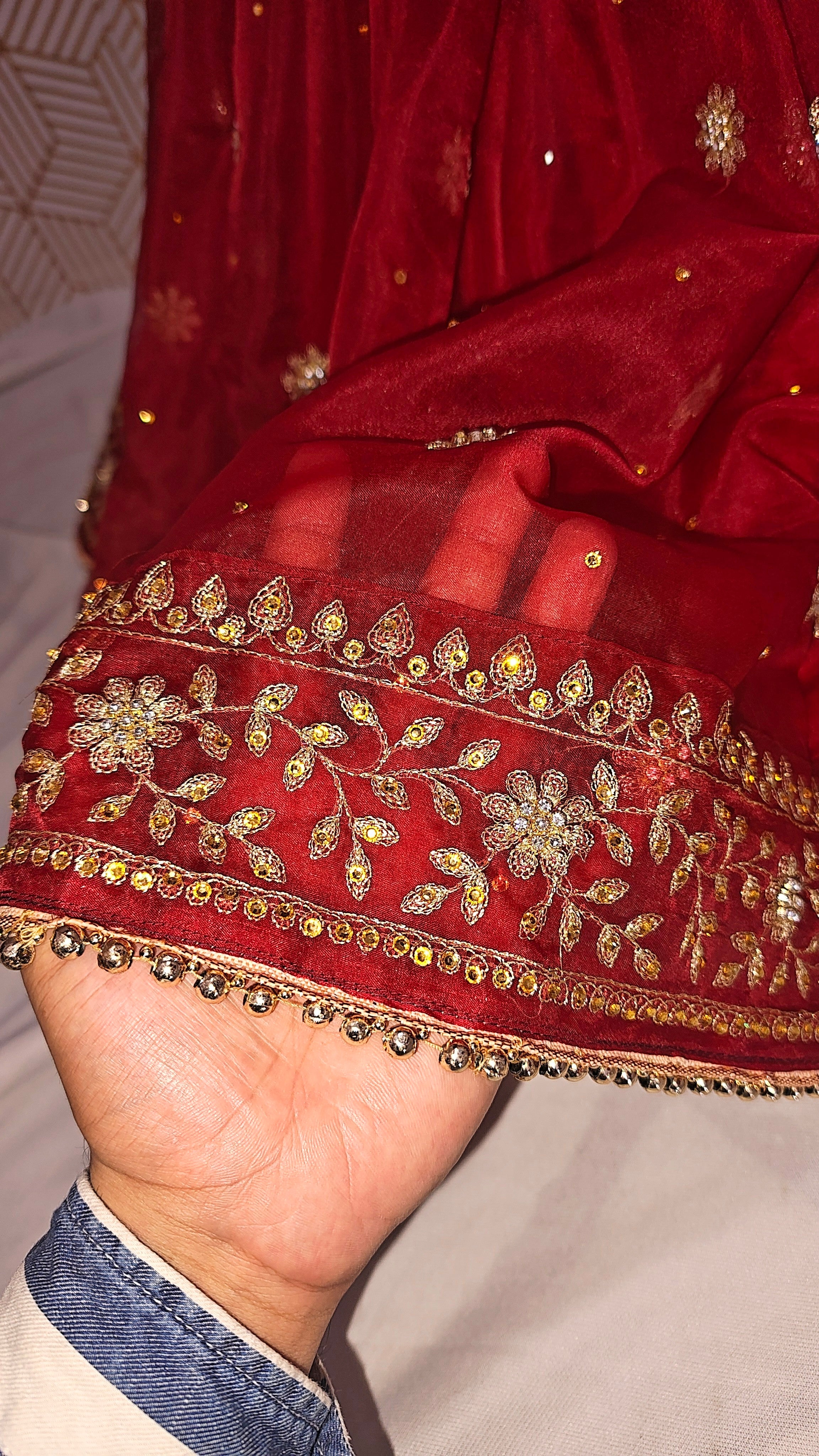 Bridal Maroon booti Pattern Embroidered Gharara