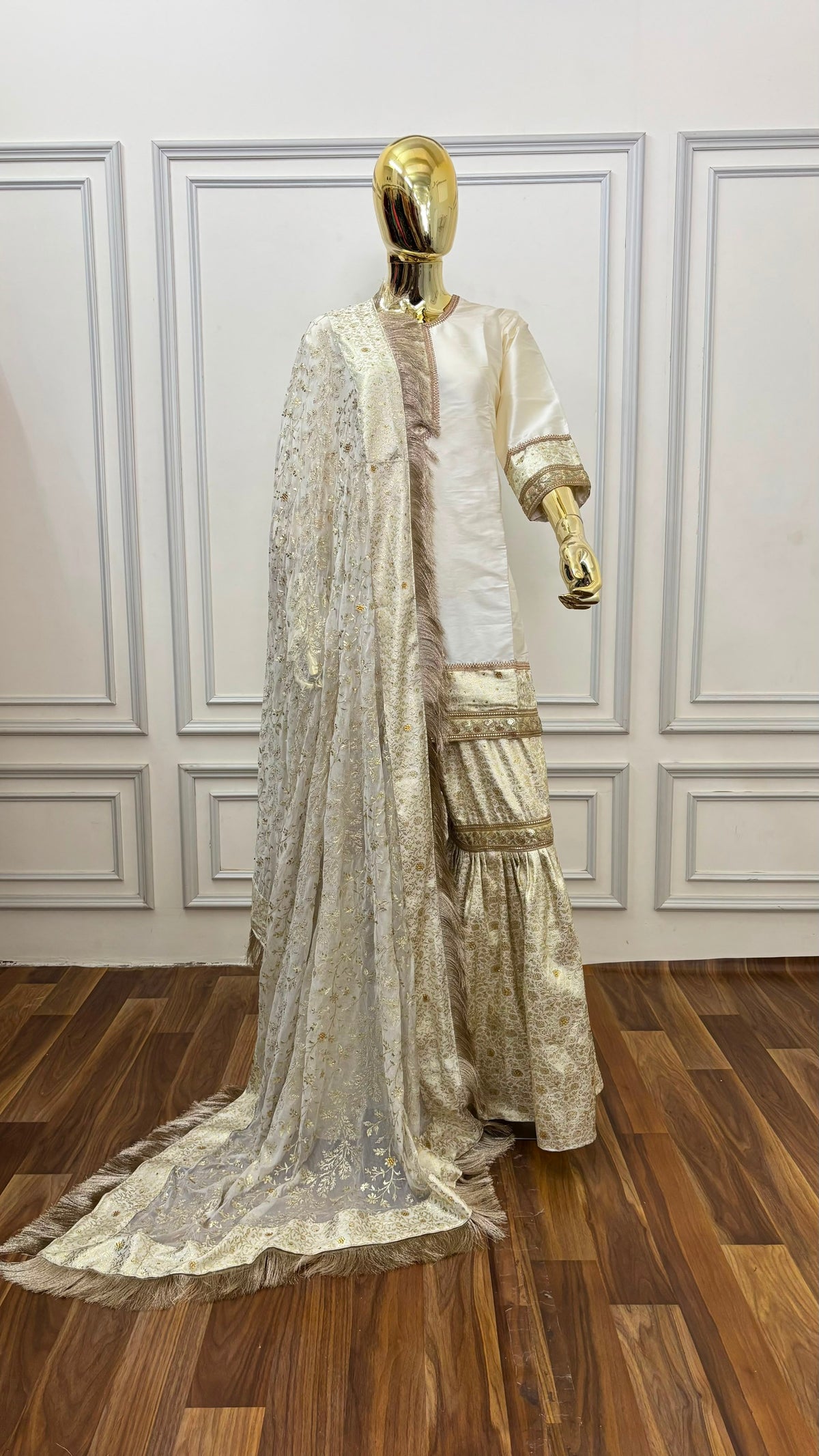 OFF WHITE BANARASI KIMKHAB GHARARA WITH STONE WORK