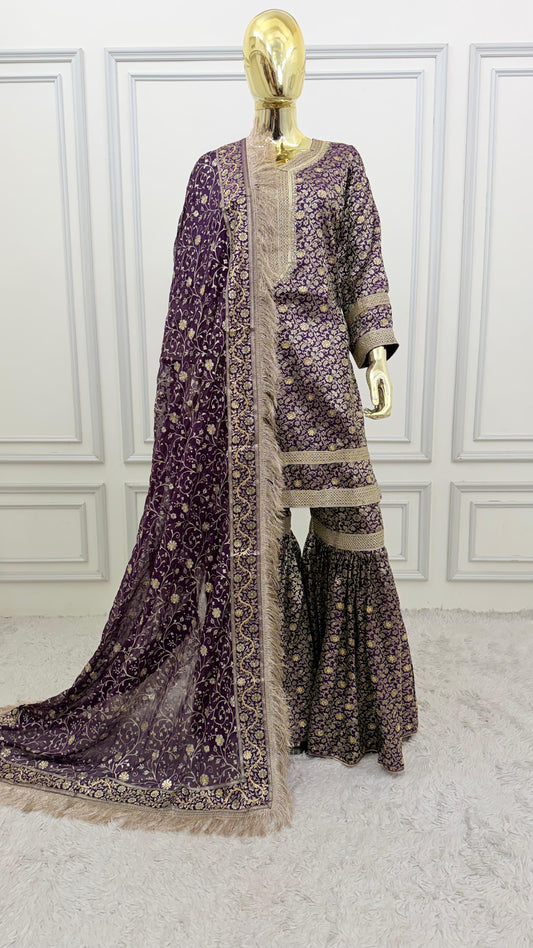 DARK PURPLE COLOR BANARASI KIMKHAB GHARARA WITH STONE WORK