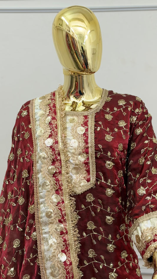 DEEP BLOOD MAROON RAMPURI GHARARA